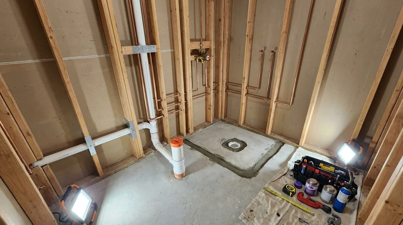 Bathroom rough-in plumbing during remodel by Johns Plumbing LLC in Arlington Heights