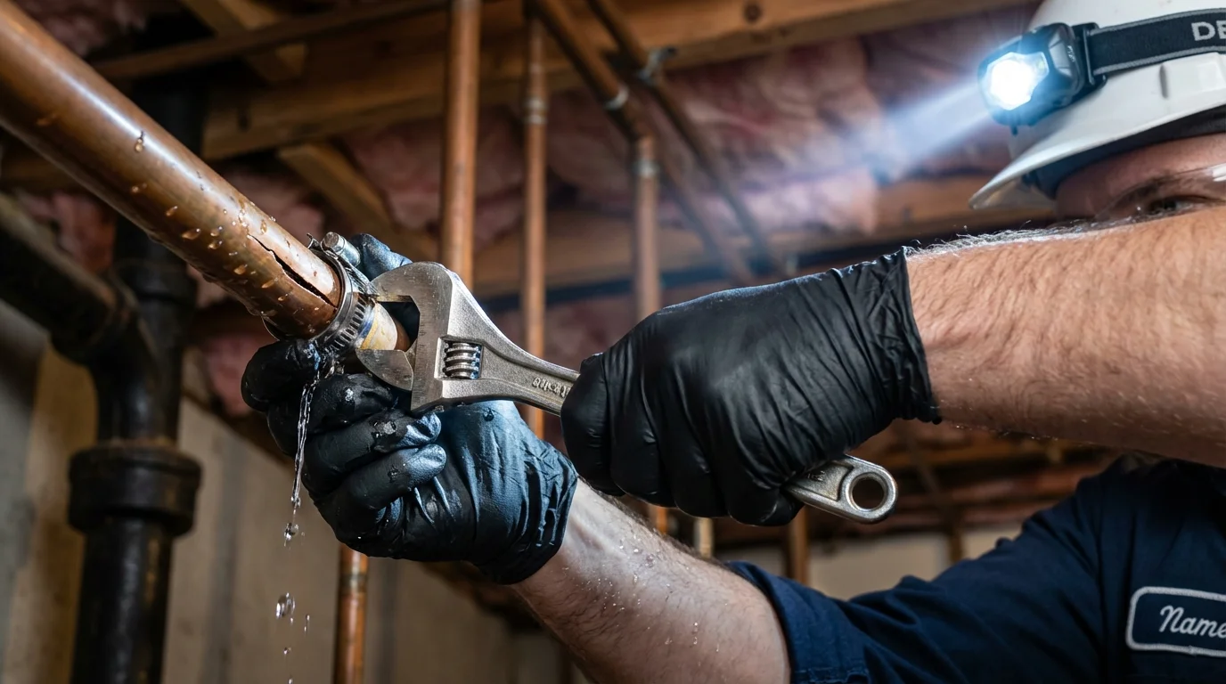 Emergency pipe clamp repair being performed by a Johns Plumbing LLC plumber in Arlington Heights