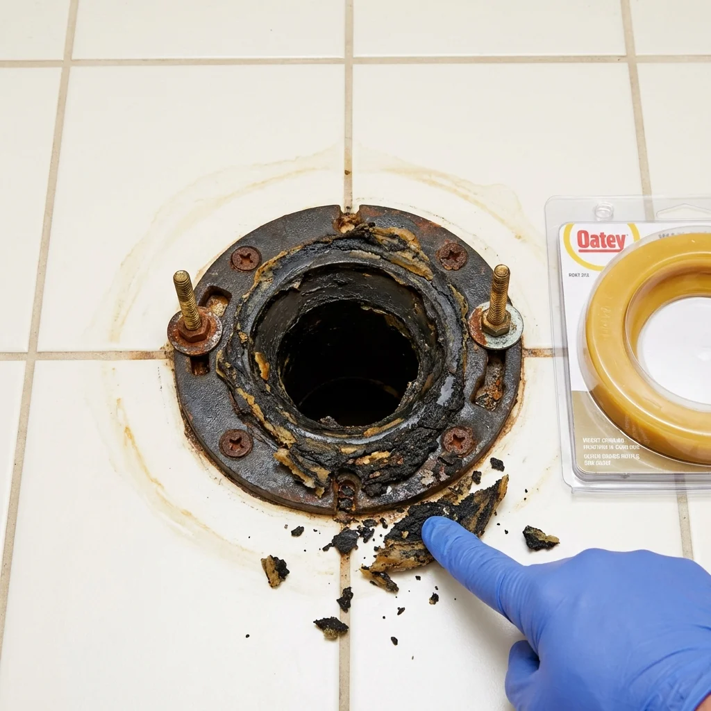 Failed wax ring showing water seepage at the base of a toilet in a Arlington Heights, IL home