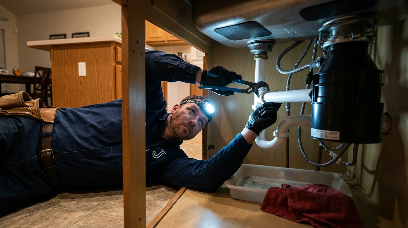 P-trap and supply line connections under a kitchen sink showing a common leak point in Arlington Heights, IL